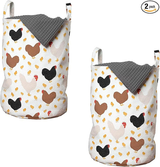 Ambesonne Hen and Chicks Laundry Bag Pack of 2, Farm Themed Continuous Pattern with Cartoon Domestic Birds and, Hamper Basket with Handles Drawstring Closure, 13" x 19", Black Brown