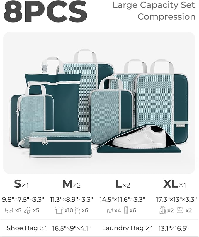 Percover Compression Packing Cubes for Travel, 8-Piece Structured Compression Organizer Set with Laundry Bag & Shoe Bag for Carry-On & Checked Luggage, Peacock Green