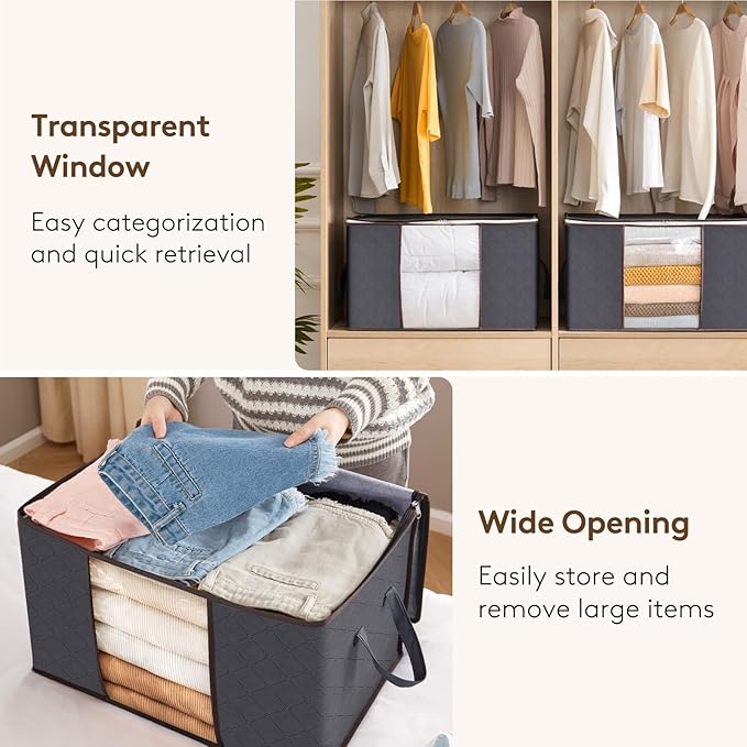 Lifewit 4 Pack 90L Clothes Storage Bins with Lids, Foldable Blanket Storage Bags with Zippers, Clear Window and Reinforced Handles, Closet and Organization for Clothing, Sweater, Comforter, Bedding