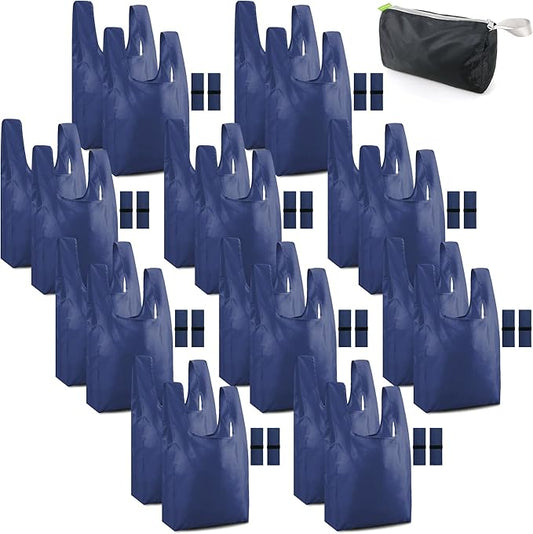 BeeGreen Navy Reusable Grocery Bags Bulk Gifts 20 Pack - Large Tote with Zipper Pouch | Foldable & Washable Polyester Shopping Bags Heavy Duty Animal Lover Gifts Reusable Bag With Handles