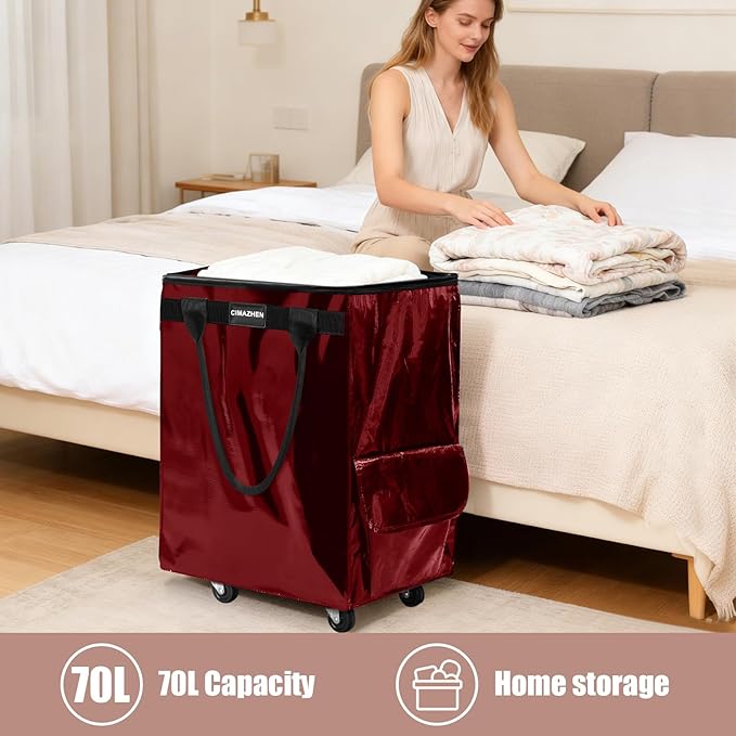 (Medium,Red) Reusable Grocery Bag on 4 Wheels, Foldable Rolling Tote Bag with 3 Handles and Zipper, Storage Organizer for Groceries, Rolling Shopping Cart for Travel, 76lb