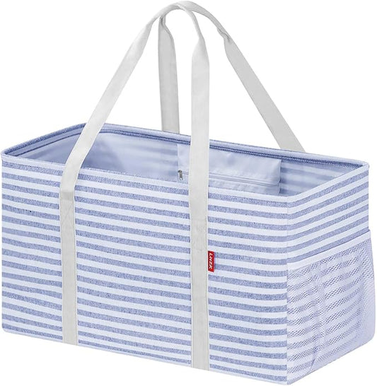 LHZK Standing Extra Large Utility Tote Bag with Metal Wire Frame and the Sides Rinforced, Extra Large Tote Bag with Handle, Reusable Grocery Bags Foldable, Beach Bag, Car Tote (Blue) | Metal Wire Frame