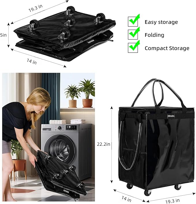 (Large, Black) Reusable Grocery Bag on 5 Wheels, Foldable Rolling Tote Carries Up to 76lb Shopping Trolley, Rolling Bag with 3 Handles, Zipper Clouser Rolling Tote Bag with Wheels for Laundry