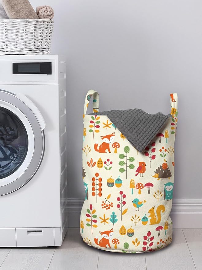 Ambesonne Cartoon Laundry Bag Pack of 2, Autumn Pattern Owl Fox Squirrel Birds Animal Leaves Print, Hamper Basket with Handles Drawstring Closure, 13" x 19", Cream Orange