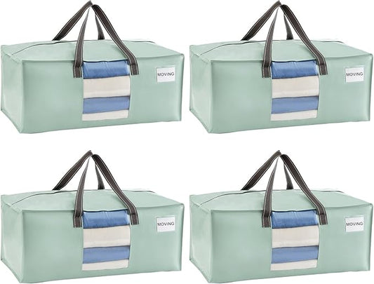 VENO 4 Pack Heavy Duty Moving Bags, Packing Bags with Clear Window, Alternative to Moving Boxes, Storage Bins for Clothes, Blankets, Comforters, College Dorm Essentials (Shiny Light Green, 4 Pack)