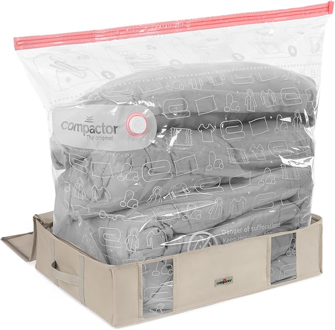 Compactor Under Bed Vacuum Storage Bag with Semi-Rigid Box, Closet Organizer, Vacuum Seal Bags for Clothing and Bedding, Fits All Vacuum and Nozzle Types, 145L, Large, Beige