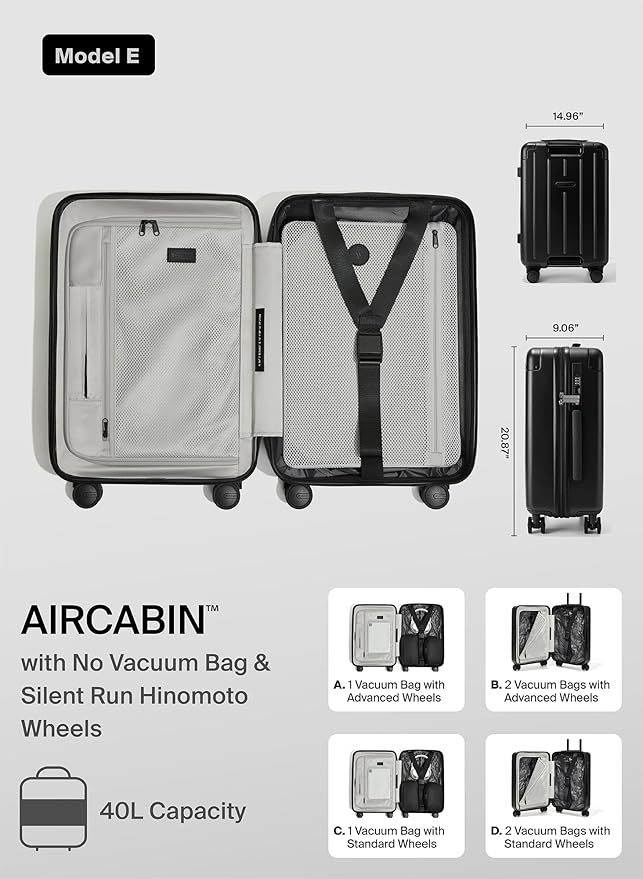 BlackVoyage Air Vacuum Seal Suitcase Carry-On 20-Inch Travel Luggage USB Port 20" AirCabin Air Compression Pump (Matte Black, 40L Capacity (No Vacuum Bag))