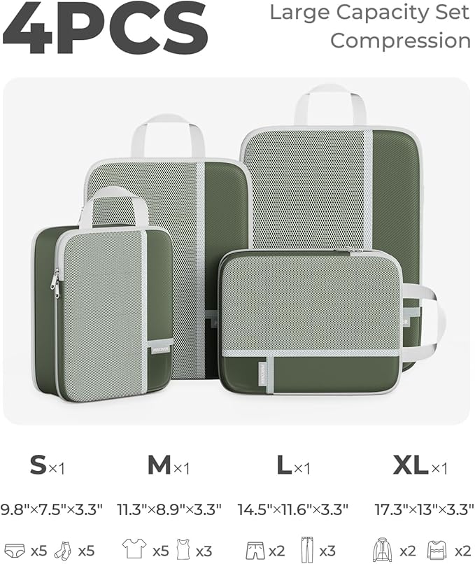 Percover Compression Packing Cubes for Travel, 4-Piece Structured Compression Organizer Set with Label Pockets for Carry-On & Checked Luggage, Green