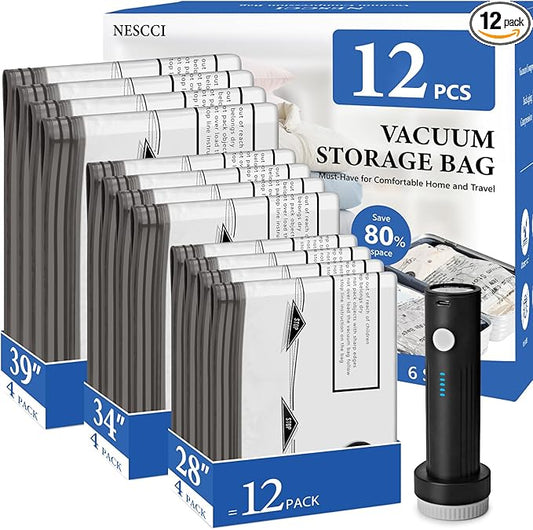 NESCCI Travel Vacuum Bags for Clothing with Rechargeable Wireless air Pump,12 Pack Compression Packing Bags for Luggage Suitcase,Carry-on Size Space Saver Vacuum Storage Bags