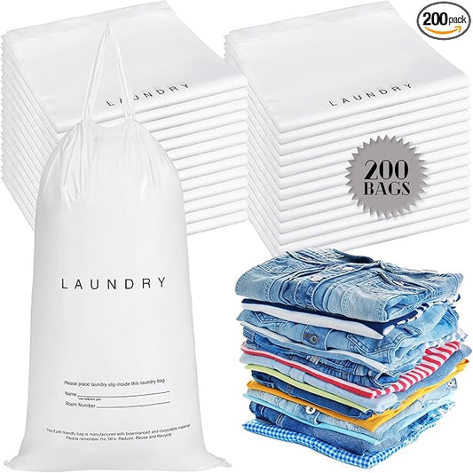 200 Pack Hotel Laundry Bags Bulk 1.38 Mil 14" x 24" Laundry Plastic with Drawstring Closure Writing Strips Patient Personal Belongings Dirty Clothes Bag for Factory Travel Hospital