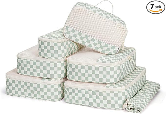 Narwey 7 Set Checkered Packing Cubes for Travel Kids Women, Durable Packing Organizer Bags for Carry on Suitcase Luggage Travel Essentials Accessories (Mint Green Checkerboard)