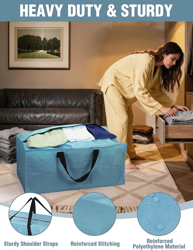WORKPRO 10 Pack Extra Large Moving Bags with Zippers & Carrying Handles Backpack Straps, Heavy-Duty Storage Tote for Space Saving & Storage, Alternative to Moving Box (Dusty Blue)