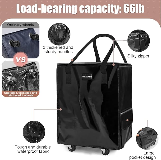 (Small,Black) Reusable Grocery Bag on 4 Wheels, Foldable Rolling Tote Bag with 3 Handles and Zipper, Storage Organizer for Groceries, Rolling Shopping Cart for Travel, 66lb