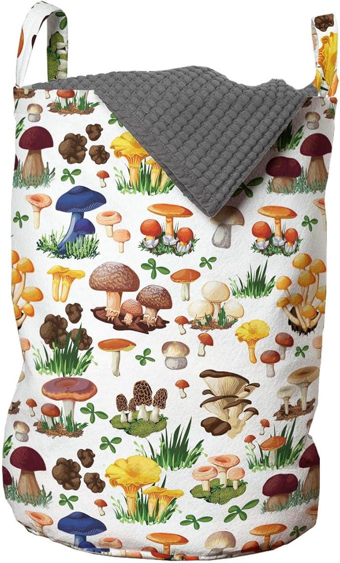 Ambesonne Mushroom Laundry Bag Pack of 2, Pattern of Mushrooms Wild Species Natural Food Garden Exotic Wilderness Art, Hamper Basket with Handles Drawstring Closure, 13" x 19", Brown Beige Green