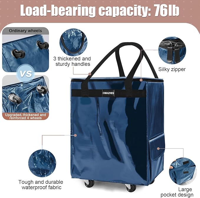 (Medium,Navy Blue) Reusable Grocery Bag on 4 Wheels, Foldable Rolling Tote Bag with 3 Handles and Zipper, Storage Organizer for Groceries, Rolling Shopping Cart for Travel, 76lb
