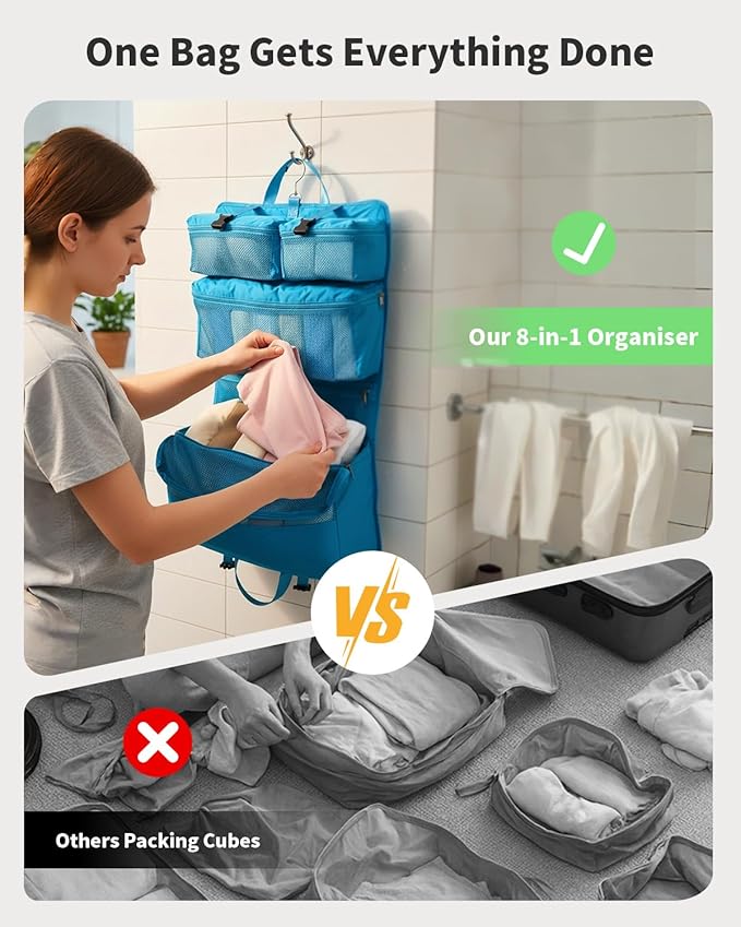 ECOHUB 8-in-1 Hanging Packing Cubes, Foldable Travel Storage Bag, Travel Organizer Expandable Packing Cube for Suitcase or Luggage (Pacific Teal)