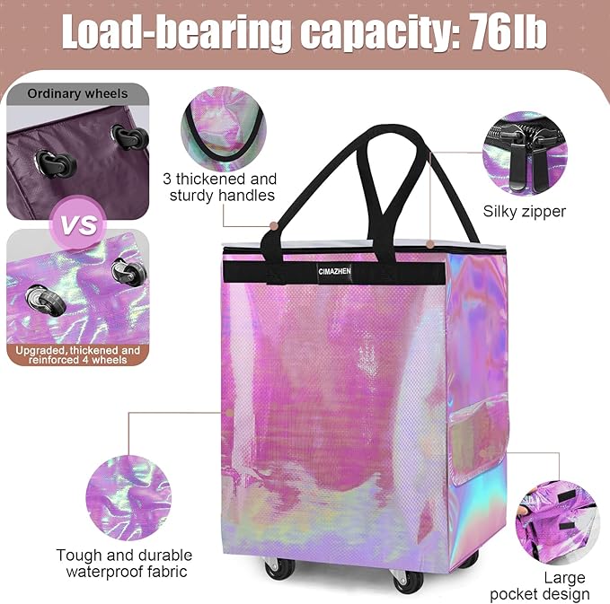 (Medium,Mermaid) Reusable Grocery Bag on 4 Wheels, Foldable Rolling Tote Bag with 3 Handles and Zipper, Storage Organizer for Groceries, Rolling Shopping Cart for Travel, 76lb