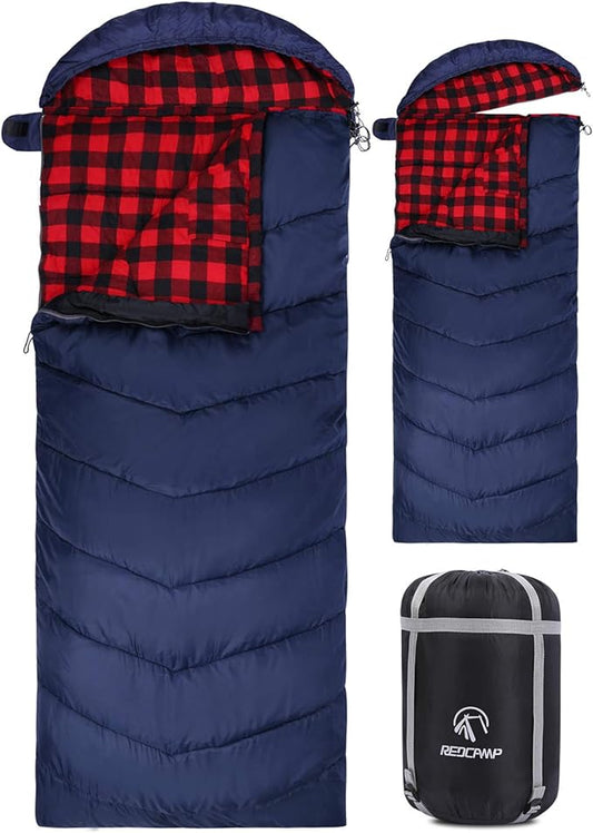 REDCAMP Flannel Sleeping Bag for Adults, Comfortable Cotton Envelope Sleeping Bags for Camping, Backpacking, Hiking, with Detachable Hood&Compression Sack, Blue/Red/Grey/Black