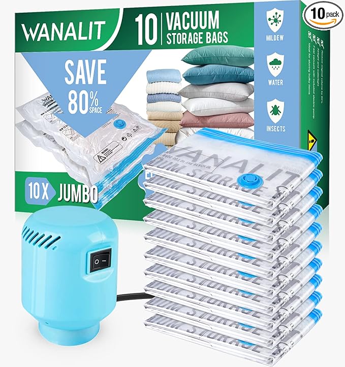 WANALIT Vacuum Storage Bags with Electric Pump, 10 Pack Jumbo Size（40"x28"） Reusable Compression Space Saving Bag for Clothes, Bedding, Mattress, Blankets, Pillows, Comforters, Travel, White