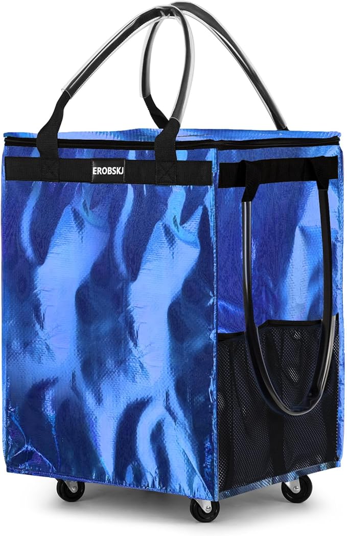 (Medium, Navy Blue) Reusable Grocery Bag on Wheels, 70L Foldable Rolling Tote, Carries Up to 66 lbs Shopping Trolley, Zipper Clouser Shopping Carts for Trips, Laundry, 4 Heavy Duty Wheels