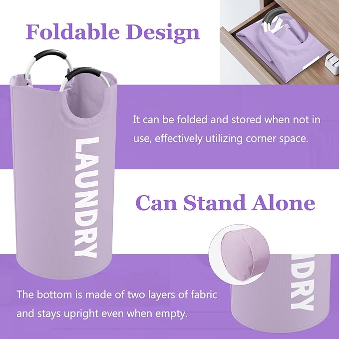 Set of 2 Collapsible Laundry Baskets with Aluminum Handles, 95L Large Laundry Baskets in 600D Oxford Fabric, Portable Dirty Clothes Hampers for Bedroom, Travel, Black + Purple