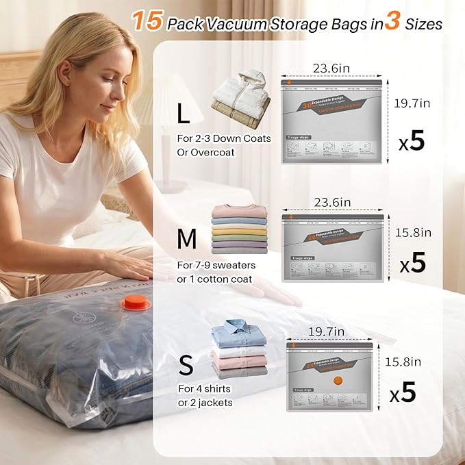 Vacuum Seal Bags for Clothing Travel, Rechargeable Wireless Pump, Portable Space Saver Bags for Clothing Travel in 3 Combo sizes, Compression Packing for Luggage, Seasonal Storage 15 Combo set