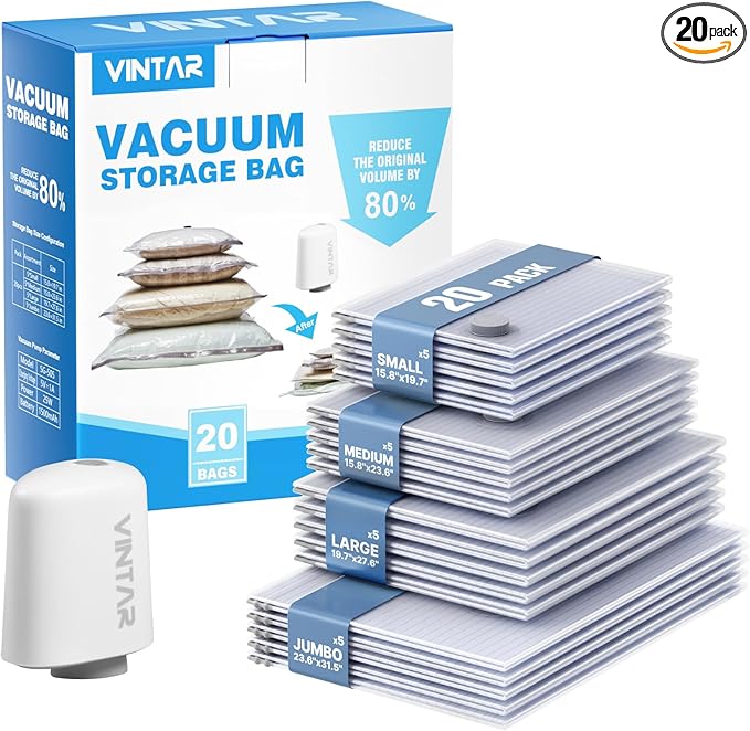 Vacuum Seal Bags for Clothing Travel with Rechargeable Cordless Pump, VINTAR 20 Pack Space Saver Vacuum Storage Bags(5J+5L+5M+5S), Compression Packing Bags for Luggage and Suitcase