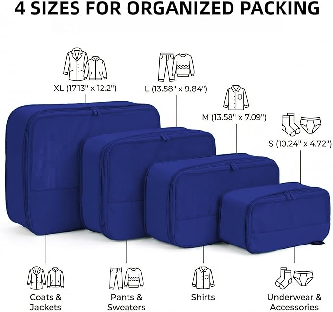 4 Piece Compression Packing Cubes for 3–7 Day Travel, Space Saving Travel Organizers with Breathable Mesh, Double-Zipper Packing Cubes for Carry-On & Suitcases (Blue)