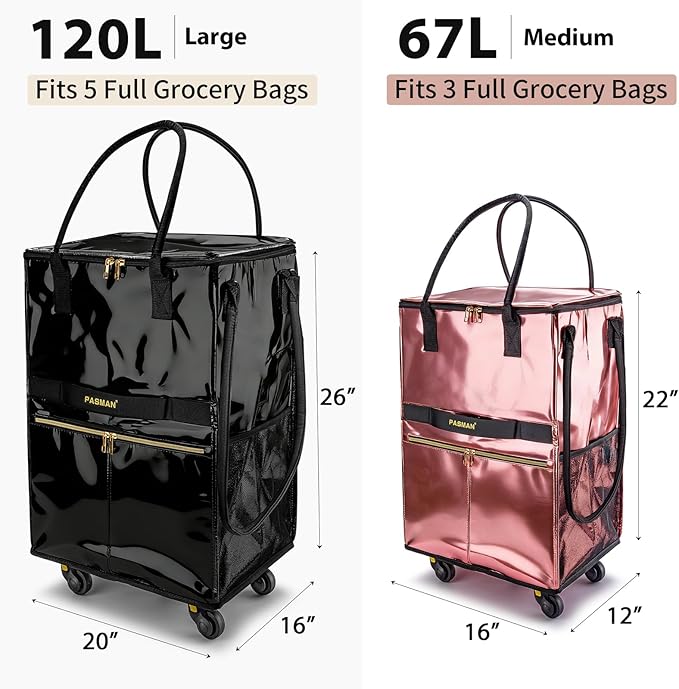 Reusable Grocery Bag on 5 Wheels, Foldable Rolling Tote Bag with Handle and Zipper Cover, Heavy Duty Shopping Cart for Laundry, Market & Travel (Silver, Medium_67L)