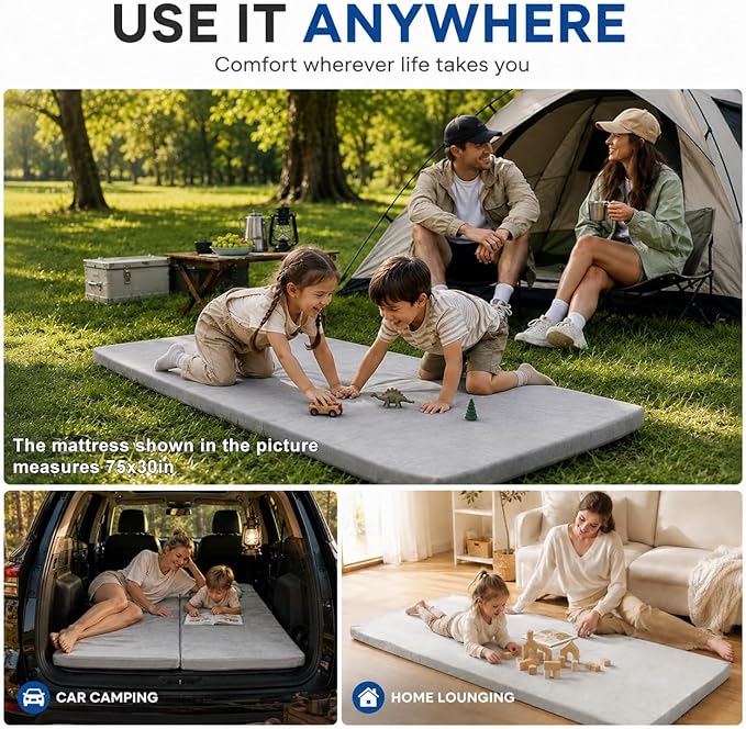 Foam Camping Mattress - Portable Sleeping Pad for Camping, Tent, Car & Floor - Washable Cover & Roll Up Travel Bag - Cot Mattress for Travel & Guests
