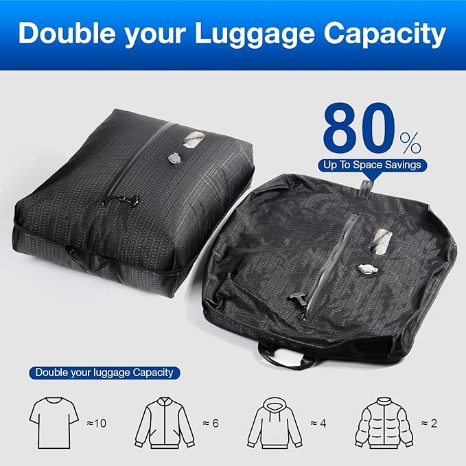Vacuum Travel Bags with Pump–Electric Wireless Air Pump, Double Layer Vacuum Seal Bags for Clothing Travel, 2PC Airless vacuum bags for travel with IP67 Waterproof (2PC+Pump)