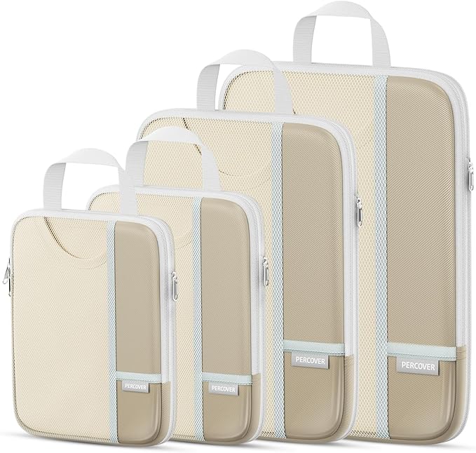 Percover Compression Packing Cubes for Travel, 4-Piece Structured Compression Organizer Set with Label Pockets for Carry-On & Checked Luggage, Camel