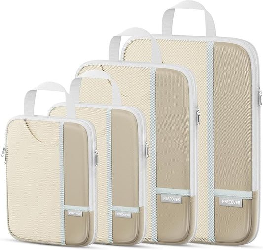Percover Compression Packing Cubes for Travel, 4-Piece Structured Compression Organizer Set with Label Pockets for Carry-On & Checked Luggage, Camel