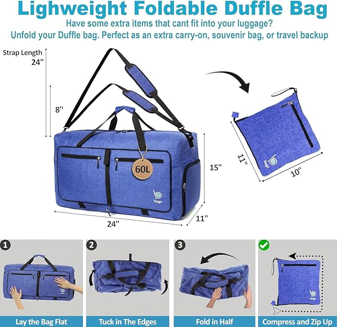Bago Medium Duffle Bag for Travel Women & Men. Durable Lightweight Foldable Travel Duffel Bags For Traveling Women. 60L Duffle Bags For Overnight Bag With Shoe Compartment Collapsible Weekender duffel