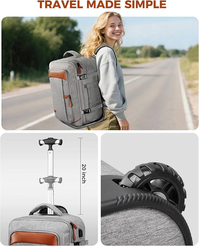 Vancropak Expandable Travel Rolling Backpack with Wheels, Airline Approved Wheeled Backpack with 3 Packing Cubes, 17 Inch Roller Carry on Luggage Suitcase Laptop Bag for Men Women, Grey