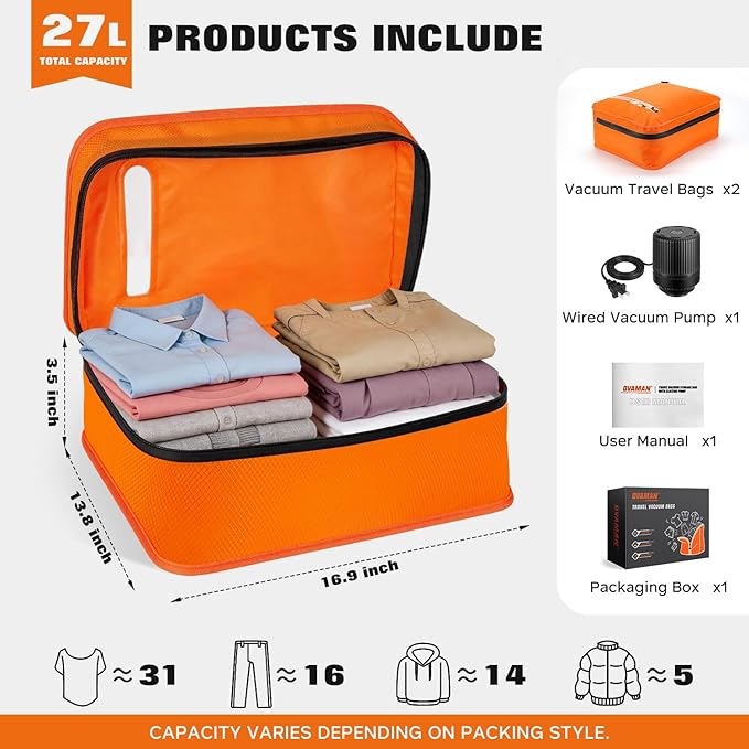 Vacuum Bags for Travel with Wired Pump, Travel Compression Bags for Clothes, 180° Open Zipper, Save 80% Space, IP68 Waterproof Travelpack Vacuum Kit for Luggage, Suitcase, Home Storage (2 Pack + Pump)
