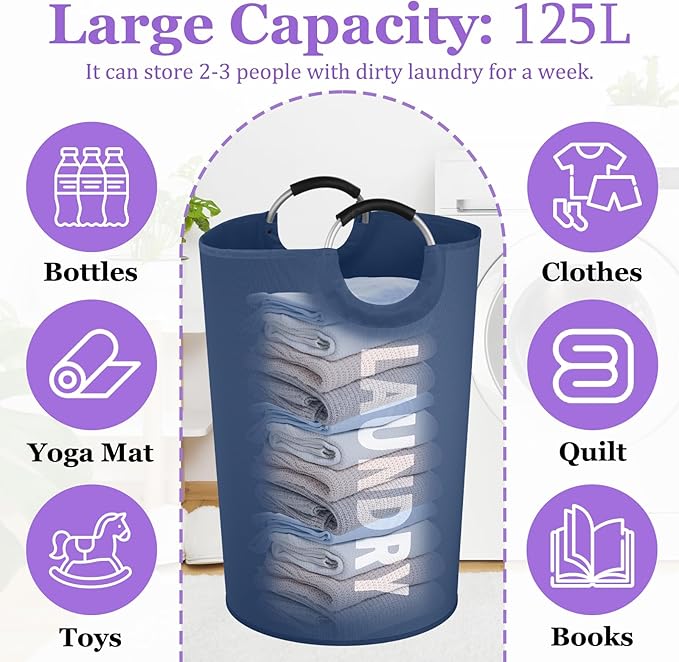 125L Collapsible Laundry Basket with Handles, Extra-large Laundry Hamper for Bedroom, Freestanding Dirty Clothes Basket, Sturdy Laundry Bin for Living Room, Camping, Navy Blue