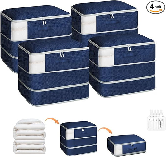 Homsorout 4 Pack Compression Storage Bags - 110L Large Capacity Comforter Storage Bag, 3-Layer Washable Ultra Space Saving Self Compression Organizer Space Bags for Blanket, Sweater, Sheet, Navy Blue