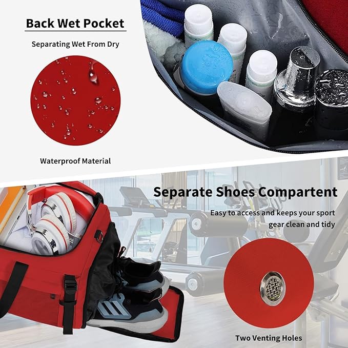 Extra Large Sports Gym Bag, Travel Duffel bag with Wet Pocket & Shoes Compartment for men women, 85L, Lightweight （Red）