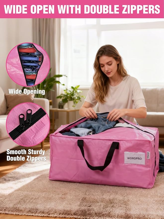 WORKPRO 8 Pack Extra Large Moving Bags with Zippers & Carrying Handles Backpack Straps, Heavy-Duty Storage Tote for Space Saving Moving Storage (Pink)