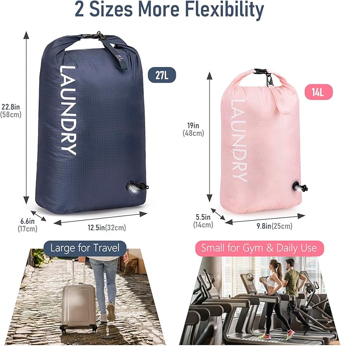 WiseBoy Compression Laundry Bag 2 Pack, Pump-Free Space Saving Travel Laundry Bag, Waterproof Odor-Resistant Dirty Clothes Bag for Suitcase, Wet Dry Gym & Swim Organizer (Navy Blue & Pink)