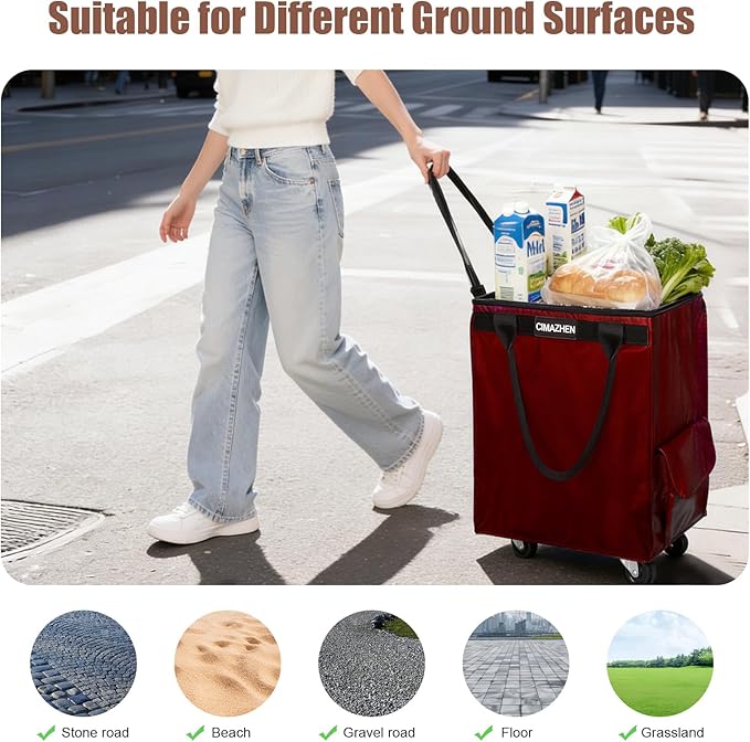 (Medium,Red) Reusable Grocery Bag on 4 Wheels, Foldable Rolling Tote Bag with 3 Handles and Zipper, Storage Organizer for Groceries, Rolling Shopping Cart for Travel, 76lb