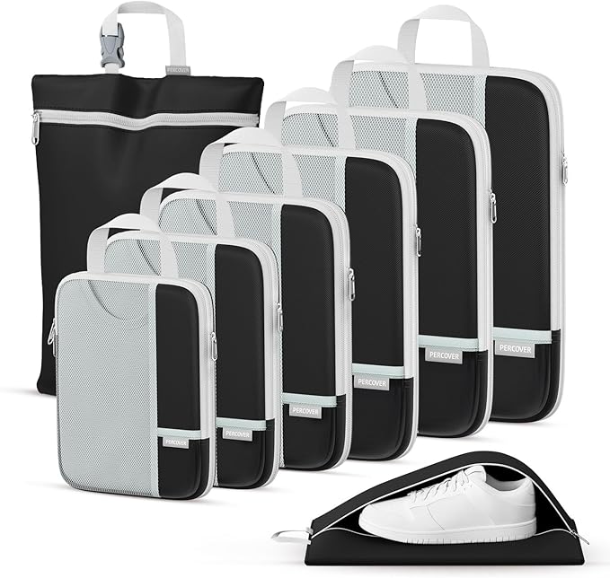 Percover Compression Packing Cubes for Travel, 8-Piece Structured Compression Organizer Set with Laundry Bag & Shoe Bag for Carry-On & Checked Luggage, Black