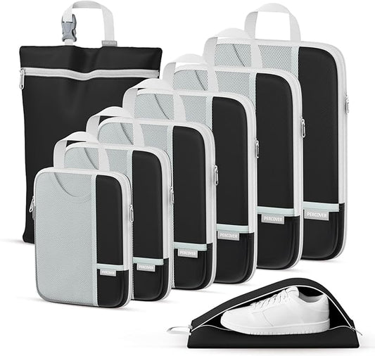 Percover Compression Packing Cubes for Travel, 8-Piece Structured Compression Organizer Set with Laundry Bag & Shoe Bag for Carry-On & Checked Luggage, Black