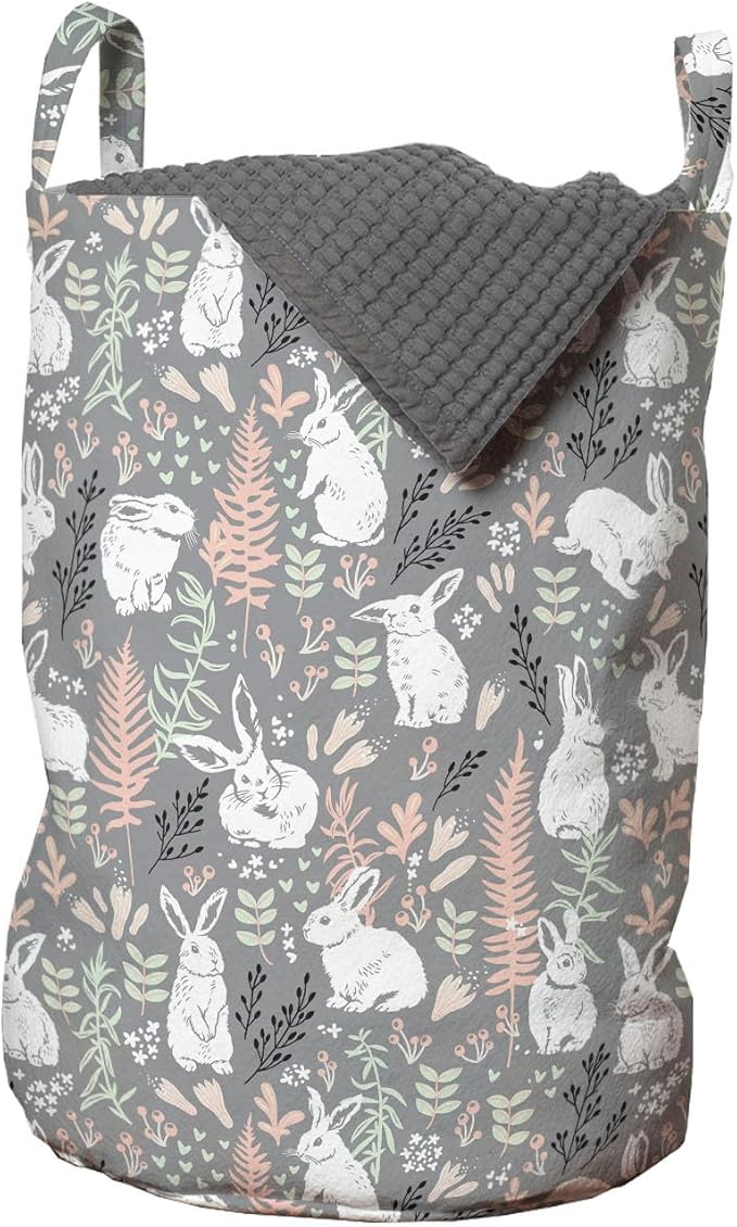 Ambesonne Bunny Laundry Bag Pack of 2, Nature Inspired Pattern Drawn by Hand with White Hares Hearts and Floral Elements, Hamper Basket with Handles Drawstring Closure, 13" x 19", Multicolor