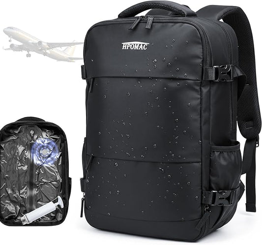 Vacuum Compression Backpack for Travel, Carry-On Backpack with Vacuum System & Pump, Packs Like 40L for 2-5 Day Trips, Fits 17" Laptop, Water-Resistant Personal Item Travel Backpack for Men / Women