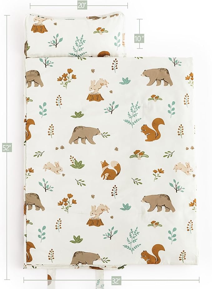 PHF Woodland Toddler Nap Mat Set, with Removable Pillow for Toddler Boys Girls, Soft and Lightweight for Daycare, Preschool, Travel, Kindergarten Sleeping Bag, Fits Ages 3-6 Years, Woodland