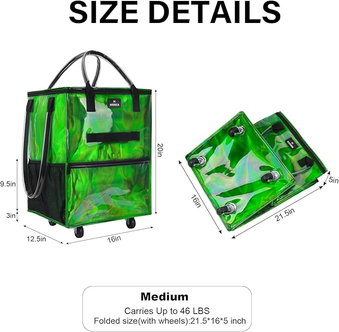 Reusable Grocery Bag On Wheels, 70L Foldable Shopping Cart with Multiple Pockets & 3-Way Carry System, Zippered Top, Heavy Duty Handles for Groceries, Camping, Moving, Medium, Gradient Green