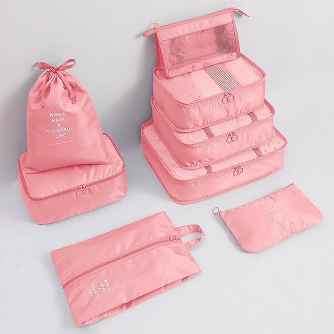 8 Set Packing Cubes for Suitcases, INVODA Travel Luggage Packing Organizers with Laundry Bag, Compression Storage Shoe Bag, Clothing Underwear Bag (Pink)