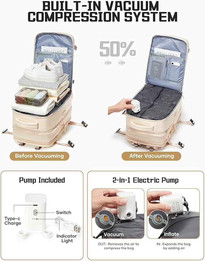 wepadre Vacuum Backpack Travel with Pump Travel Backpack with Vacuum System Expandable Vacpack Compression Backpacks for Travel Easy Vac Pack Carry on Luggage Beige